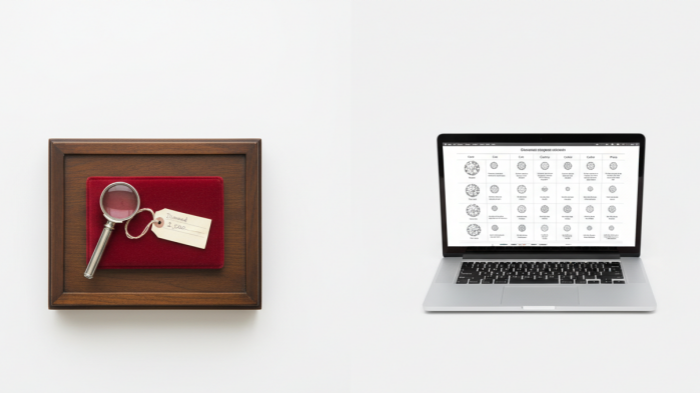 Online vs Store Diamond Shopping Comparison of traditional jewelry store and online diamond shopping on laptop.