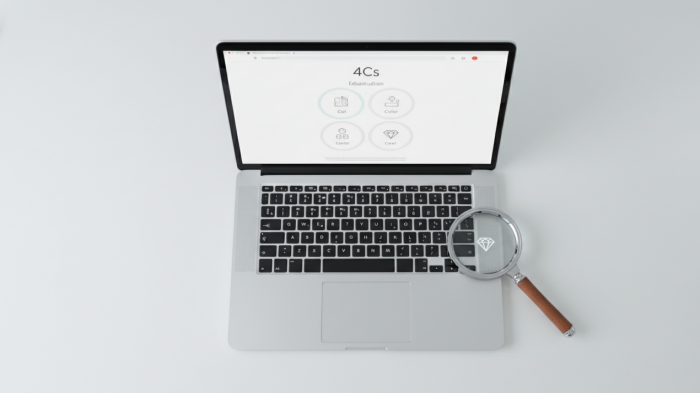 Online Diamond Education Tools Laptop showing diamond education page with magnifying glass beside it.