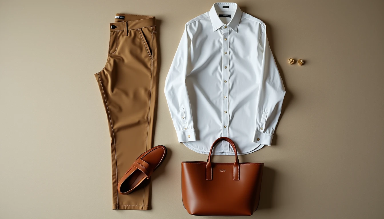Classic Everyday Old Money Outfit Camel trousers, white Oxford shirt, loafers, tote bag, and gold earrings.