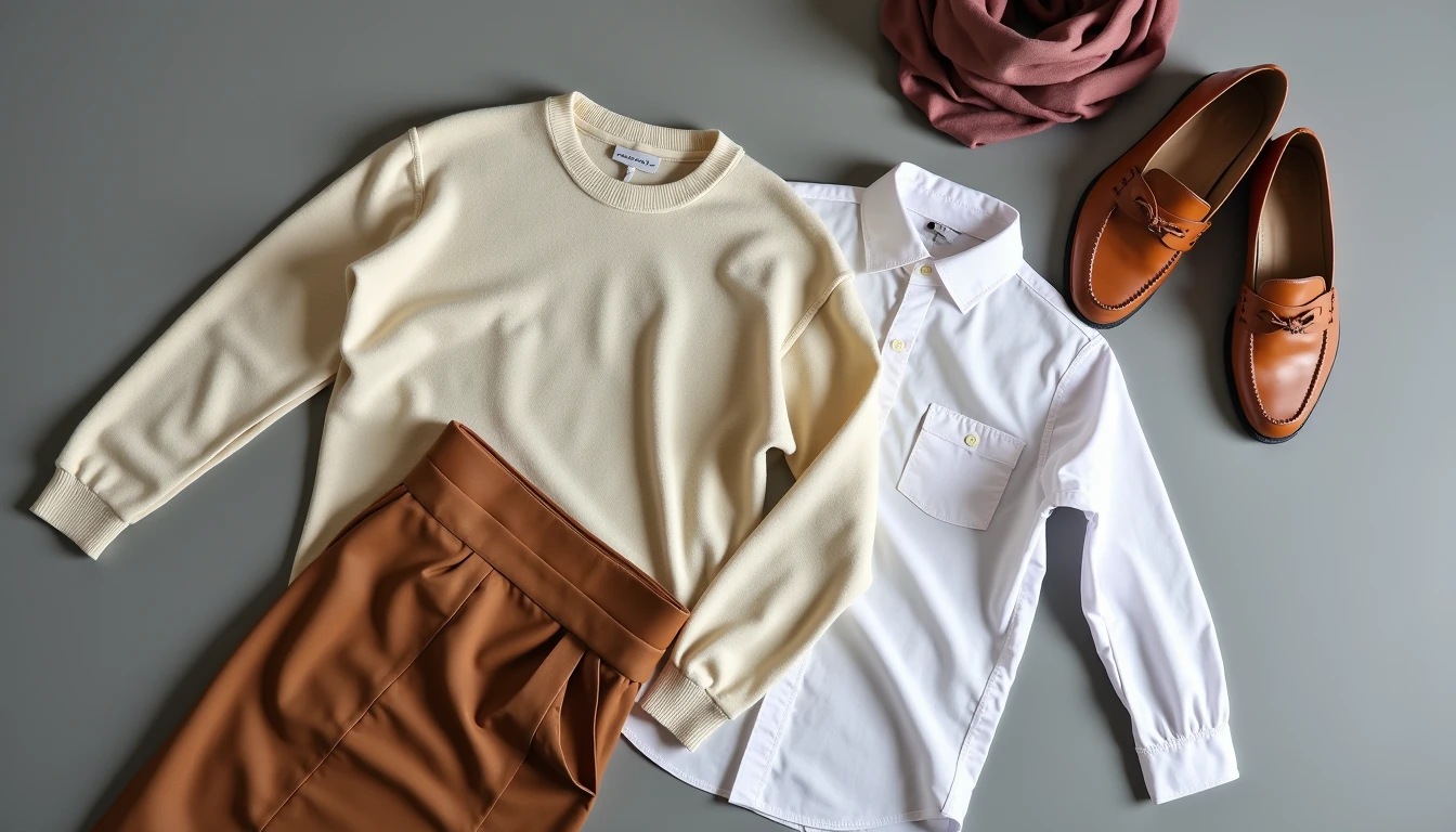 Old Money Wardrobe Staples Cashmere sweater, Oxford shirt, A-line skirt, loafers, and silk scarf.