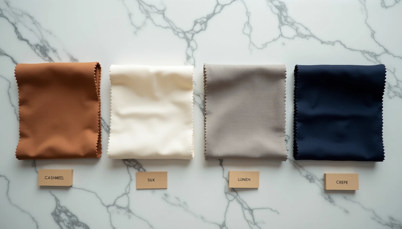 Old Money Fabric Guide Fabric swatches of cashmere, silk, linen, and wool crepe on white marble.