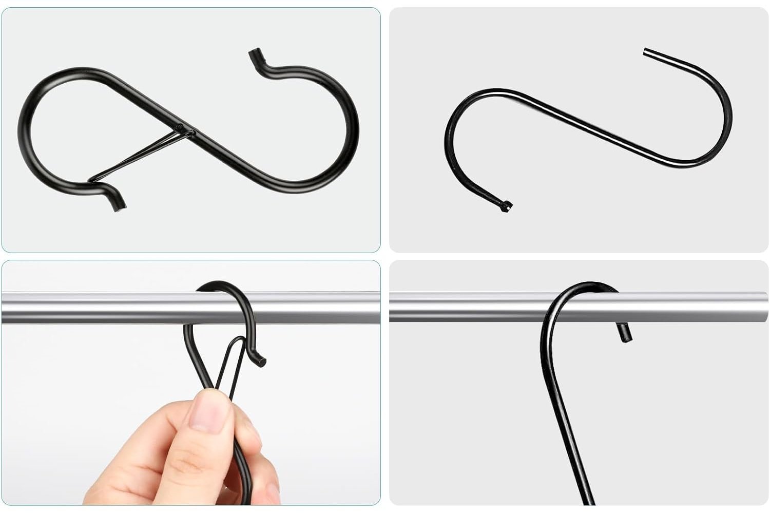 Navona S Hook Design and Mechanism Details A four-panel image detailing the design and use of a black S hook. Panels show a close-up of the hook with a safety lock, a simple S-shaped hook, a hand demonstrating how to open the safety lock, and the hook hanging securely on a rod.