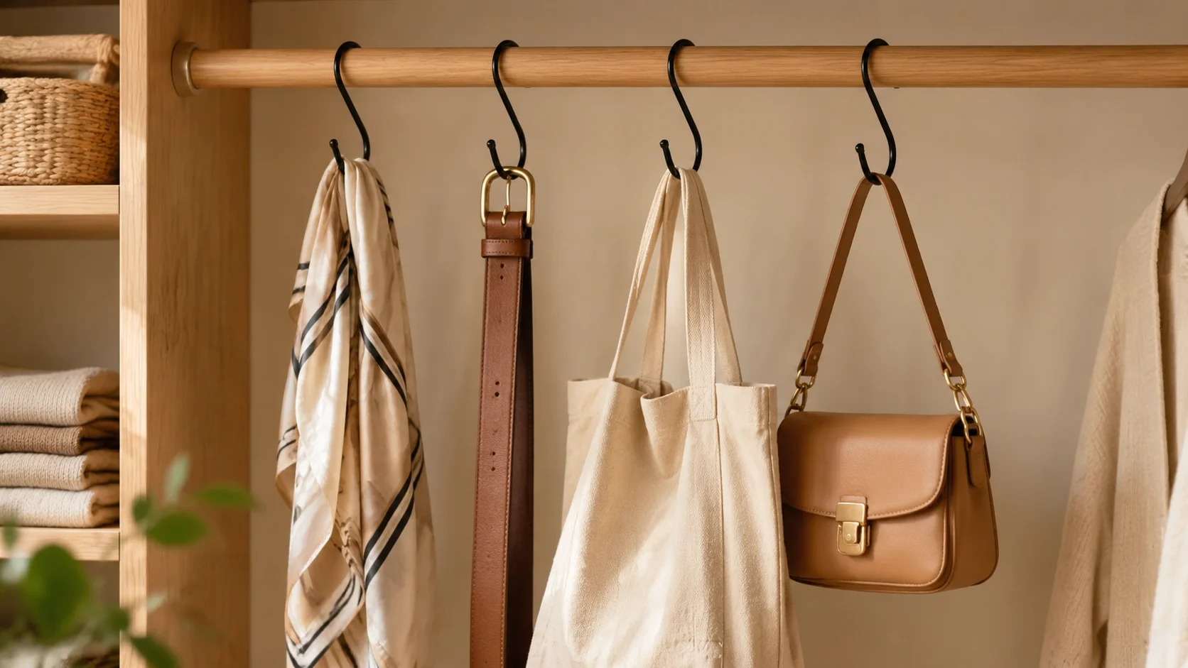 S Hooks for Closet Organization Black S hooks hanging from a wooden closet rod, holding a cream-colored scarf, a brown leather belt, a canvas tote bag, and a brown leather shoulder bag. A stack of folded clothes and a woven basket are visible on shelves to the left.