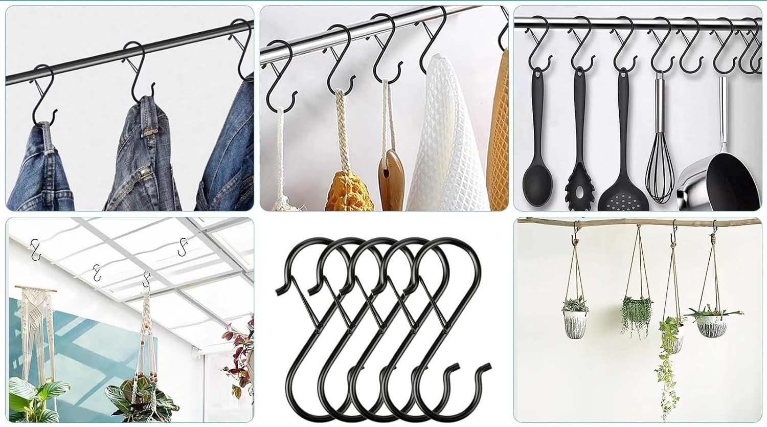 Versatile Uses of Black S Hooks A nine-panel grid showcasing various uses for black S hooks in different settings, including hanging jeans, kitchen utensils, bath accessories, plants, and outdoor lanterns.